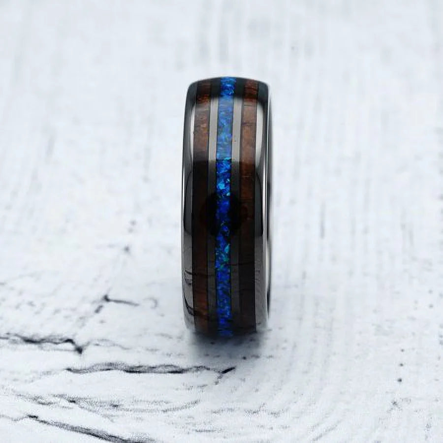 Gunmetal Tungsten Ring for Men Koa Wood Blue Opal Inlaid Wedding Band Promise Size 6-16 (Tungsten, 13.5)